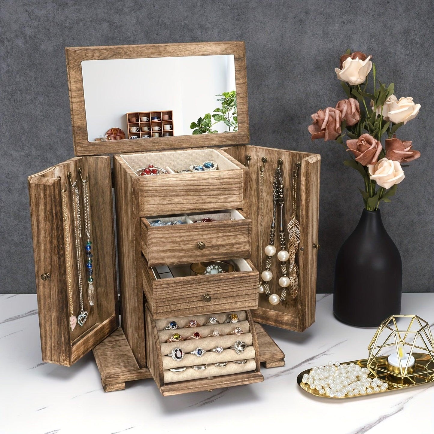 1pc Caja de joyería para mujeres, cajas y organizadores de joyería de madera rústica con espejo, caja organizadora de joyería de 4 capas para anillos, pendientes, collares y pulseras - Antiques Bazaar Ensenada