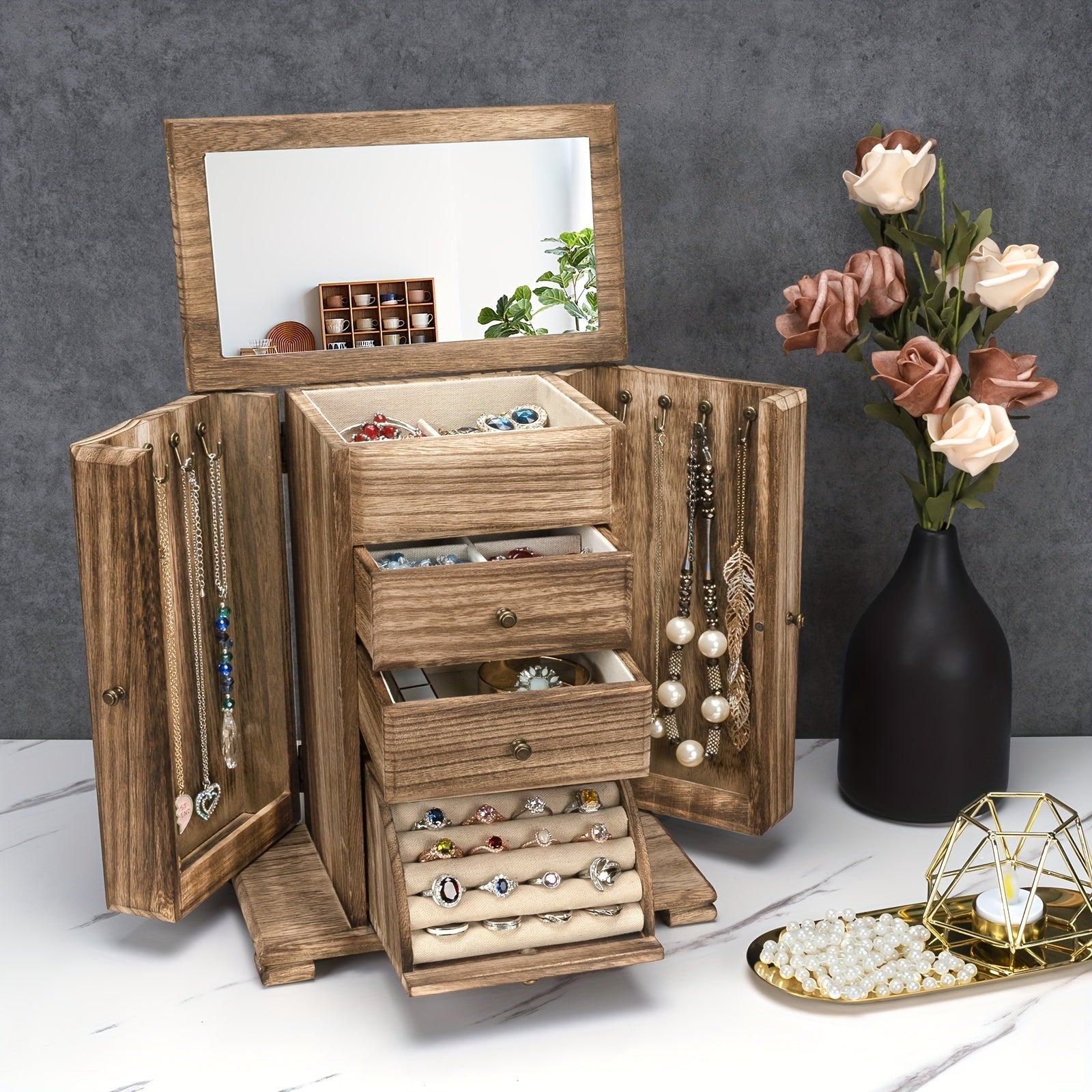 1pc Caja de joyería para mujeres, cajas y organizadores de joyería de madera rústica con espejo, caja organizadora de joyería de 4 capas para anillos, pendientes, collares y pulseras - Antiques Bazaar Ensenada