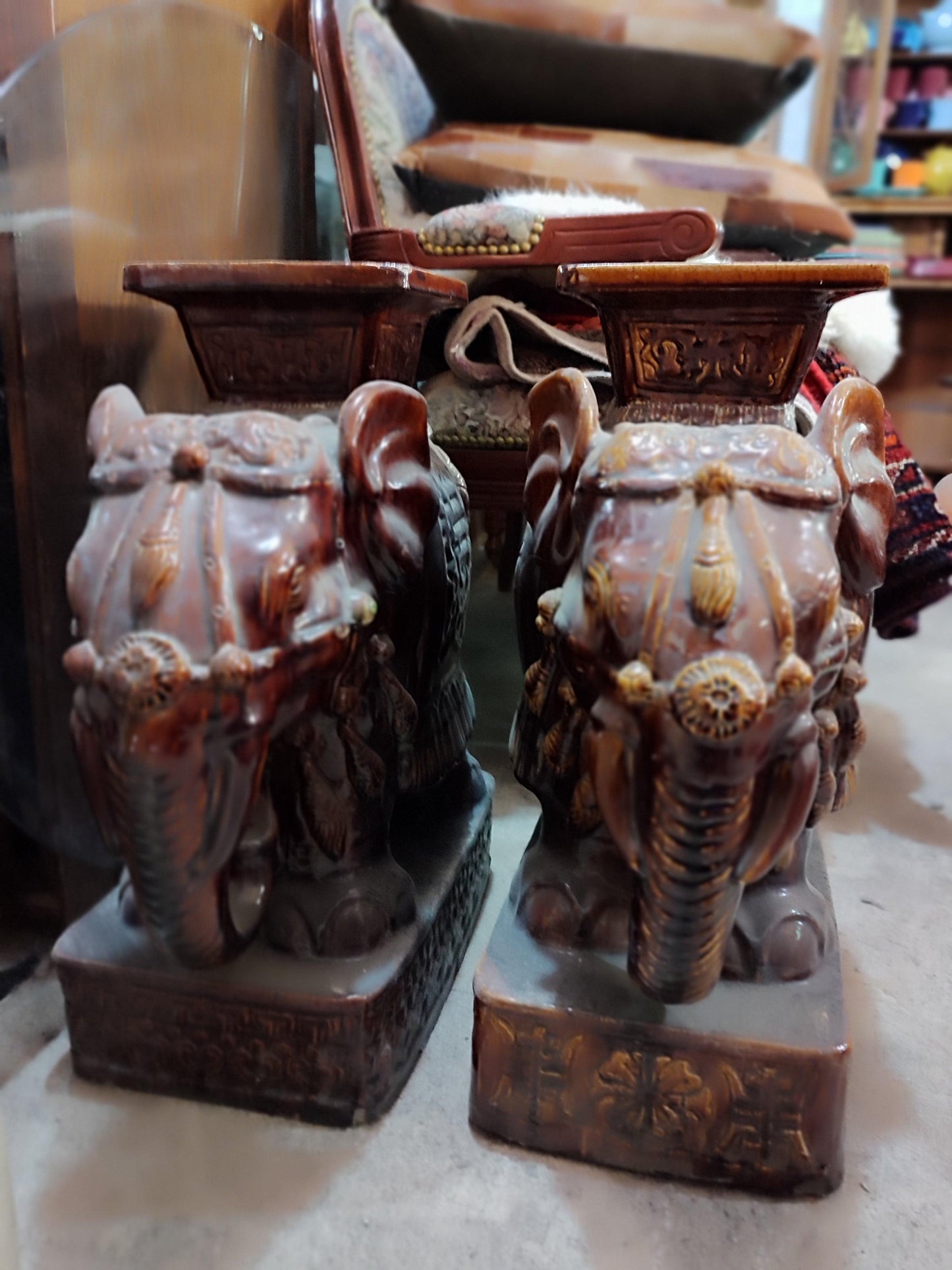 A Pair Of Magnificent Glazed Ceramic Elephant Garden Stools - Antiques Bazaar Ensenada