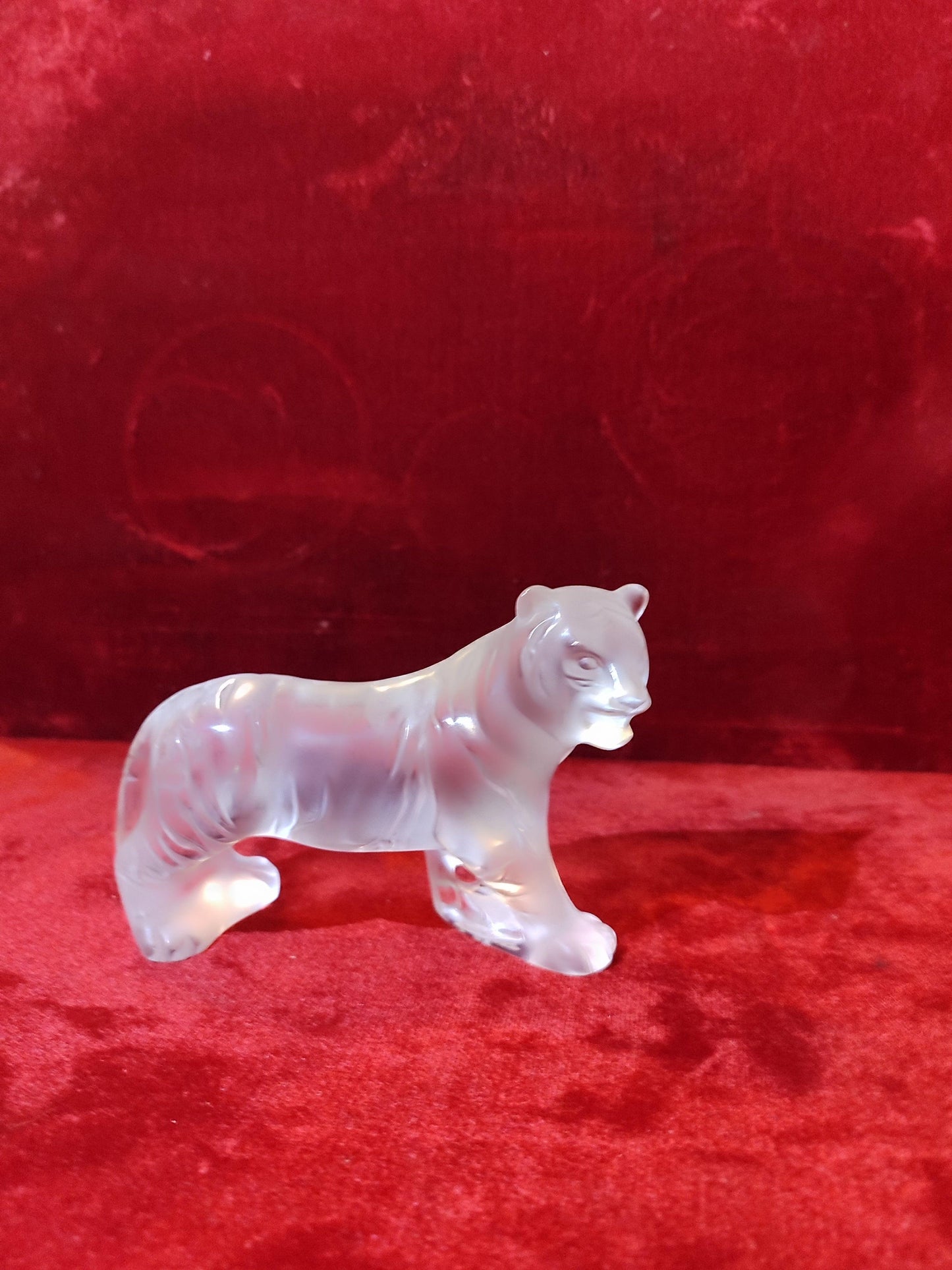Lalique Crystal Bengalou Satin Finish Standing Bengal Tiger Sculpture- Signed - Antiques Bazaar Ensenada