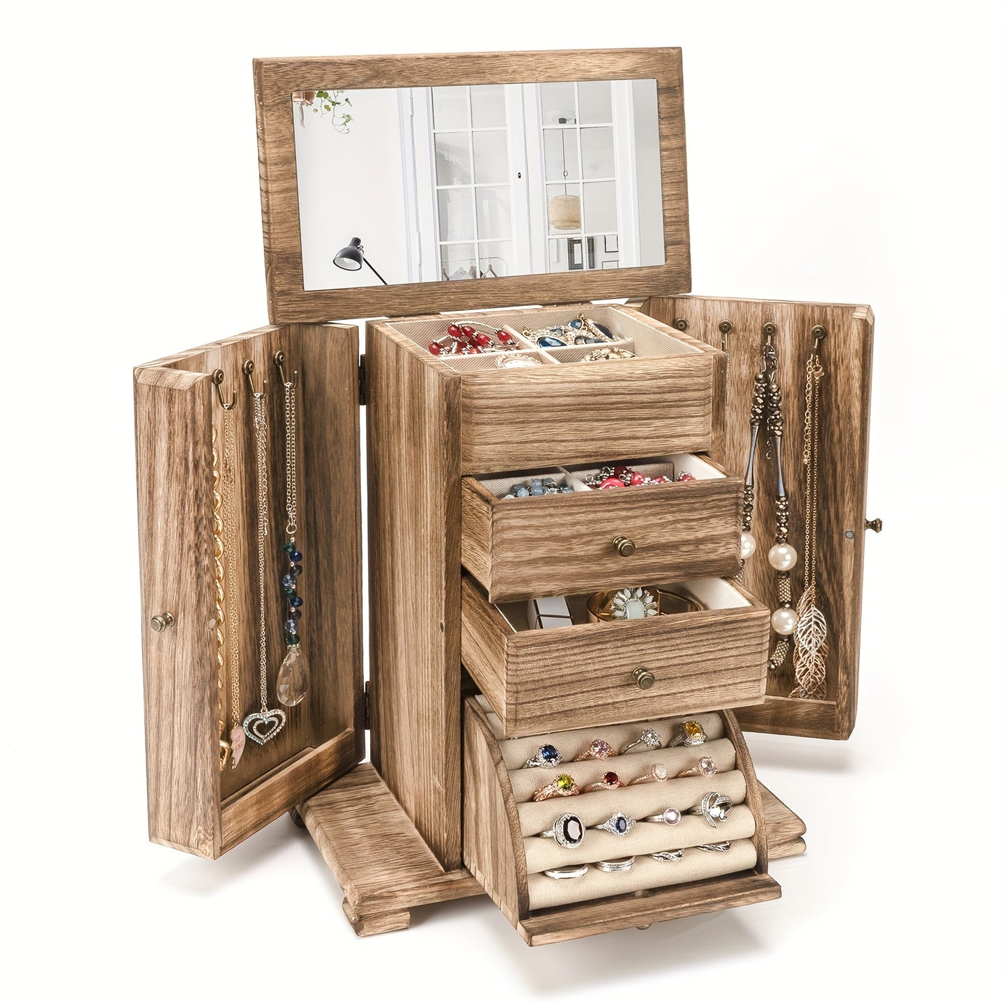 1pc Caja de joyería para mujeres, cajas y organizadores de joyería de madera rústica con espejo, caja organizadora de joyería de 4 capas para anillos, pendientes, collares y pulseras - Antiques Bazaar Ensenada