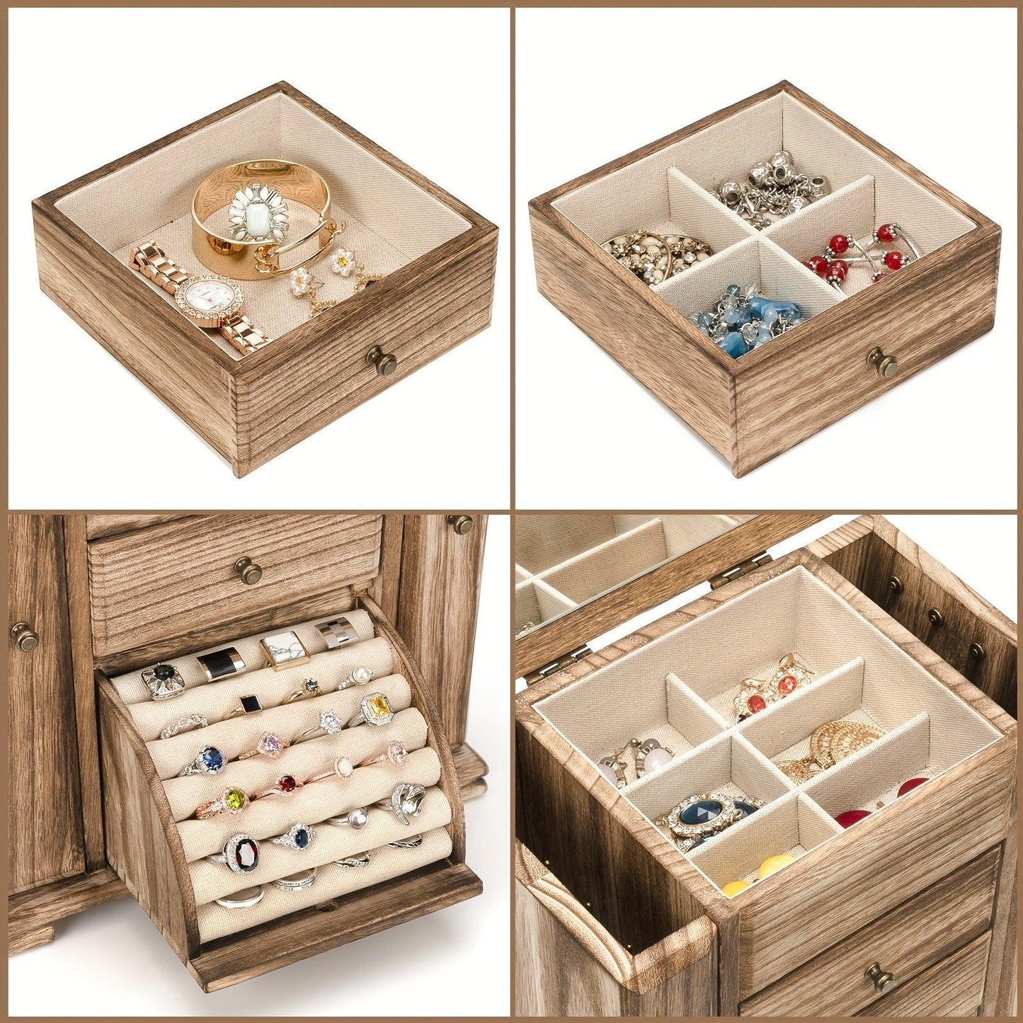 1pc Caja de joyería para mujeres, cajas y organizadores de joyería de madera rústica con espejo, caja organizadora de joyería de 4 capas para anillos, pendientes, collares y pulseras - Antiques Bazaar Ensenada