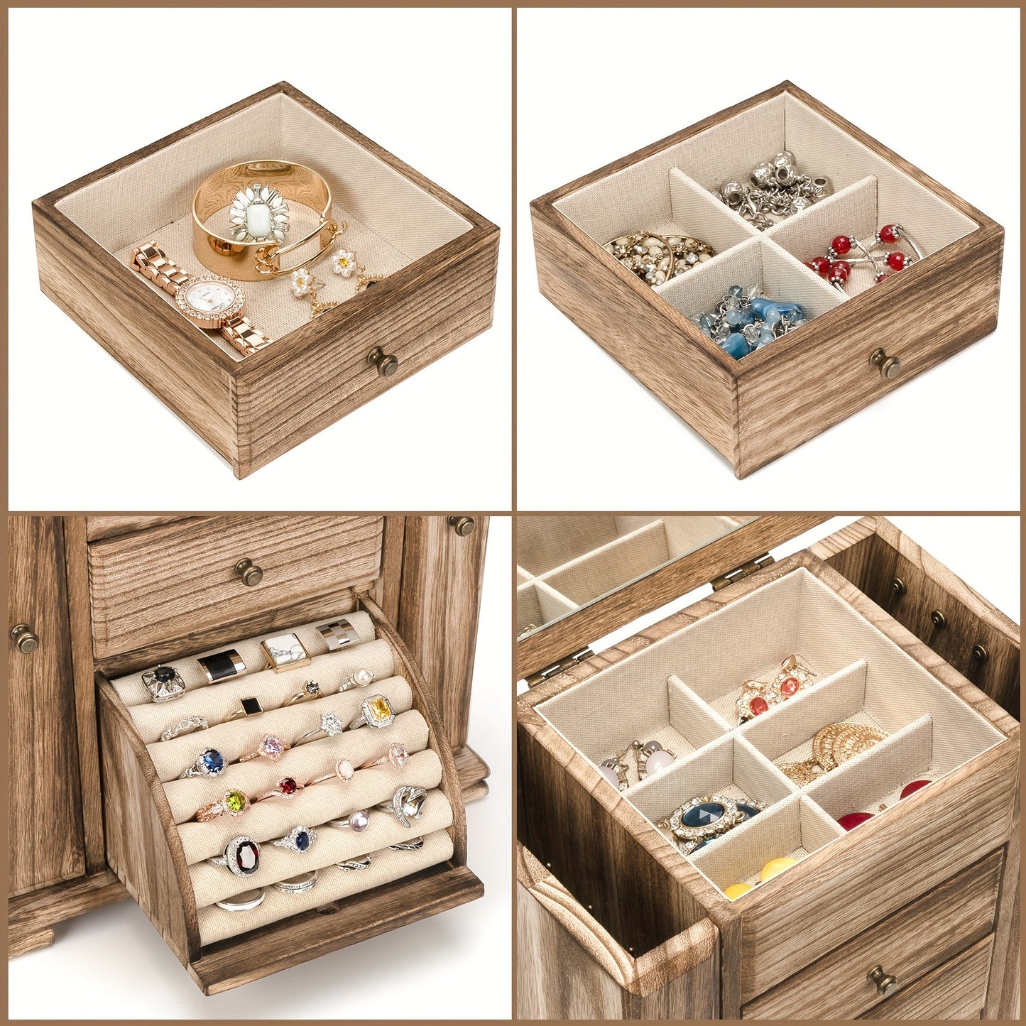 1pc Caja de joyería para mujeres, cajas y organizadores de joyería de madera rústica con espejo, caja organizadora de joyería de 4 capas para anillos, pendientes, collares y pulseras - Antiques Bazaar Ensenada