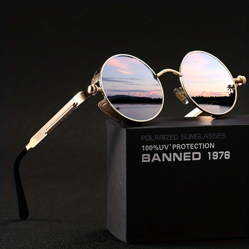 1pc Gafas de sol Steampunk para hombres, montura de metal vintage, gafas de sol de marco redondo y patas de resorte de marco grueso, elección ideal para regalos