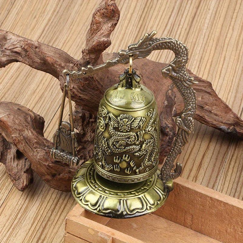 1pc, Campana de dragón de bronce antiguo - Decoración de Feng Shui china para escritorio o hogar - Campana de bloqueo de dragón tallada a mano para coleccionistas de artes y manualidades - Antiques Bazaar Ensenada