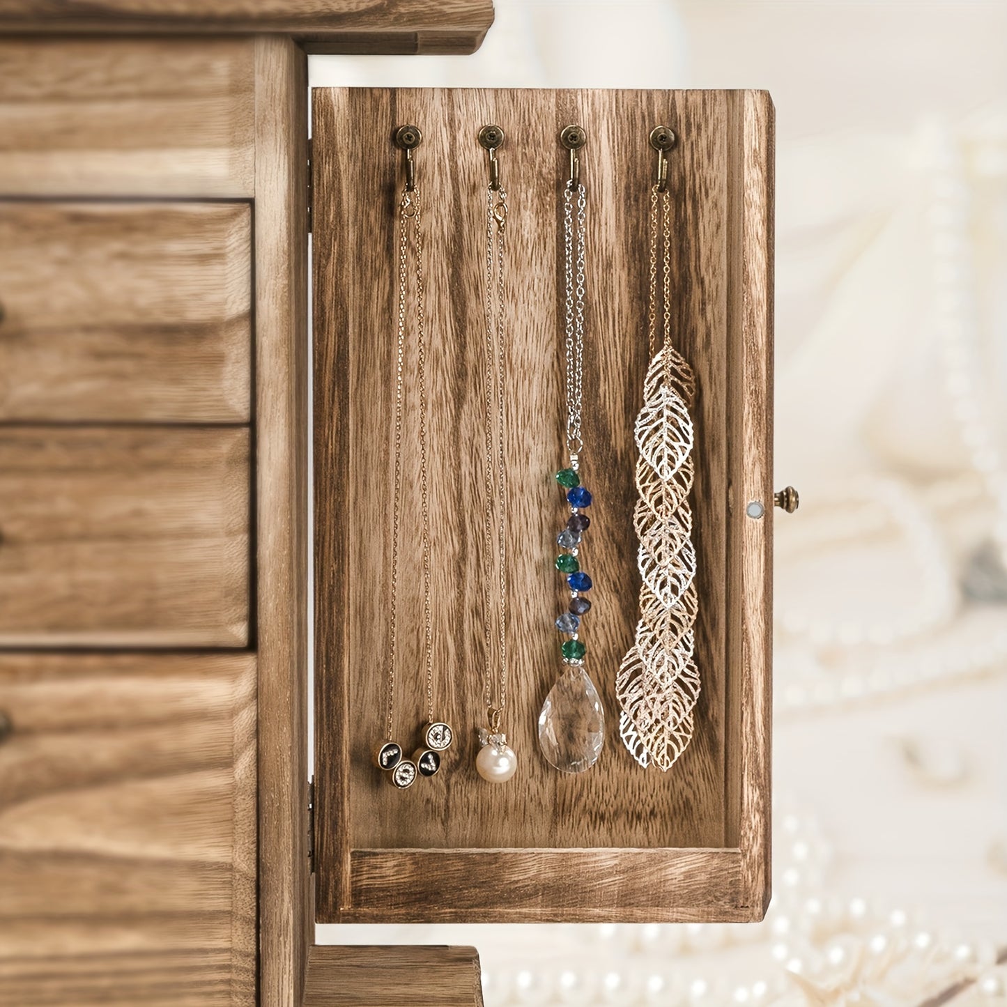 1pc Caja de joyería para mujeres, cajas y organizadores de joyería de madera rústica con espejo, caja organizadora de joyería de 4 capas para anillos, pendientes, collares y pulseras - Antiques Bazaar Ensenada