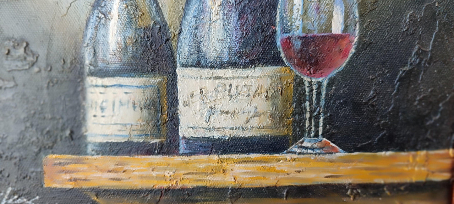 pintura impresionista de botellas de vino - Antiques Bazaar Ensenada