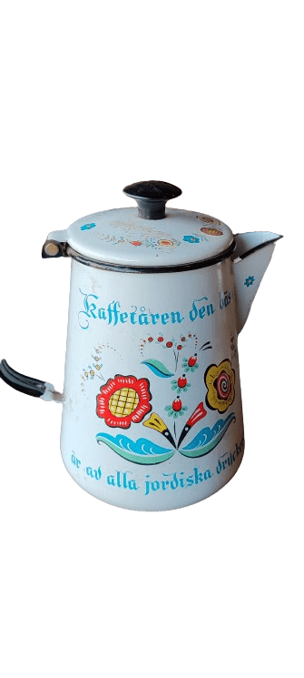 cafetera vintage Berggren Enamel con diseño floral escandinavo - Antiques Bazaar Ensenada