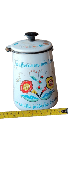 cafetera vintage Berggren Enamel con diseño floral escandinavo - Antiques Bazaar Ensenada