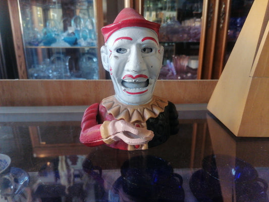 Banco mecánico de monedas de hierro fundido bufón de payaso Humpty hecho en Taiwán - Antiques Bazaar Ensenada