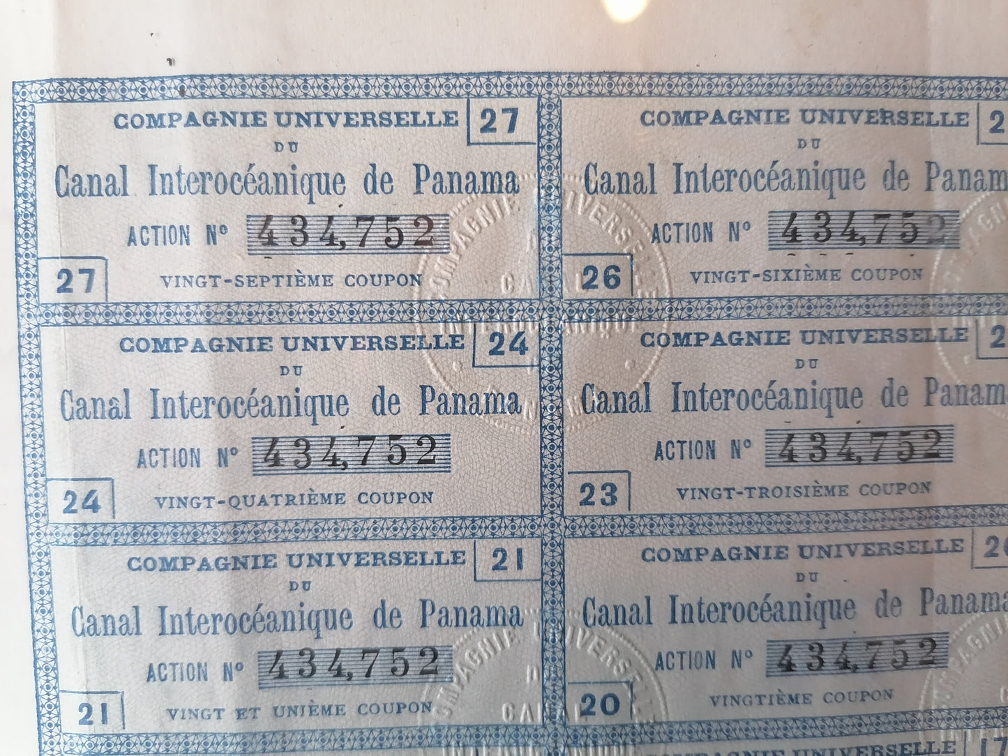 Acción vintage de la Compagnie Universelle du Canal Interocéanique de Panama - Antiques Bazaar Ensenada