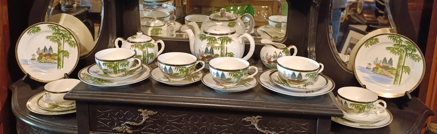 Juego de Té Japonés Vintage Pintado a Mano | Escena Costera | Completo con 6 Tazas y Más