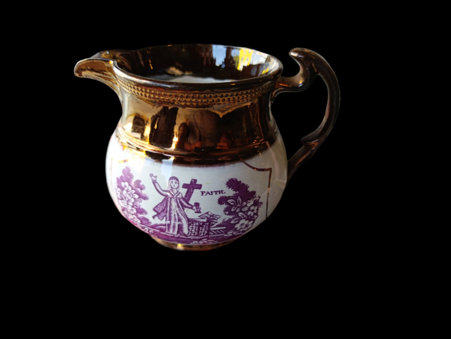 Jarra Antigua Inglesa Sunderland Lustreware Rosa Cobre | “Hope and Faith” | Década de 1830