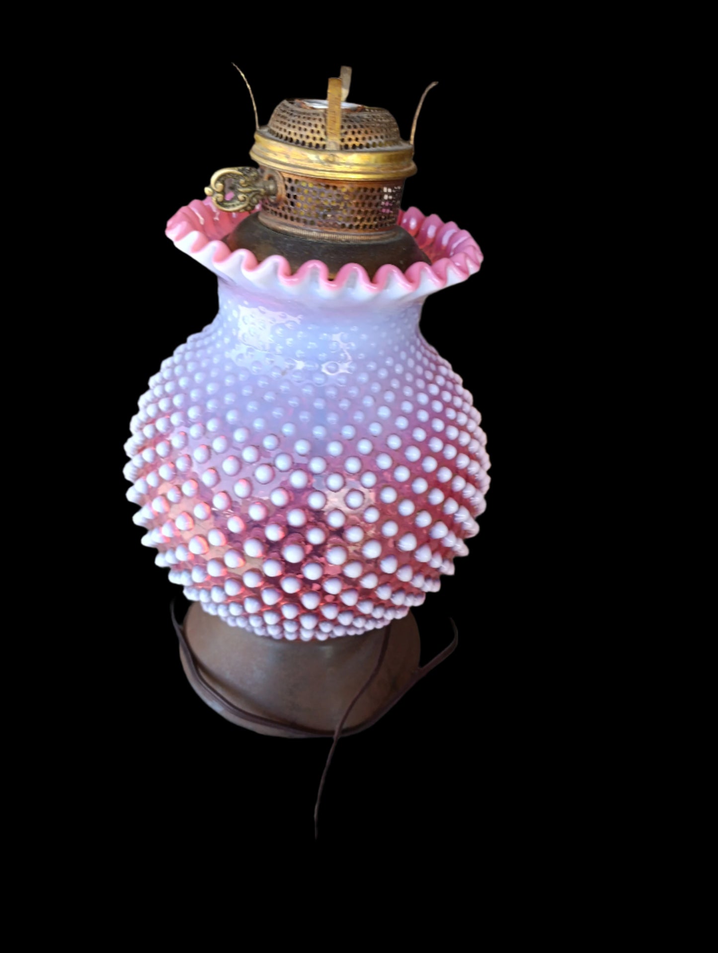 Lámpara de Mesa Vintage Fenton | Cristal Rosa Cranberry Opalescent Hobnail con Base de Latón | Eléctrica