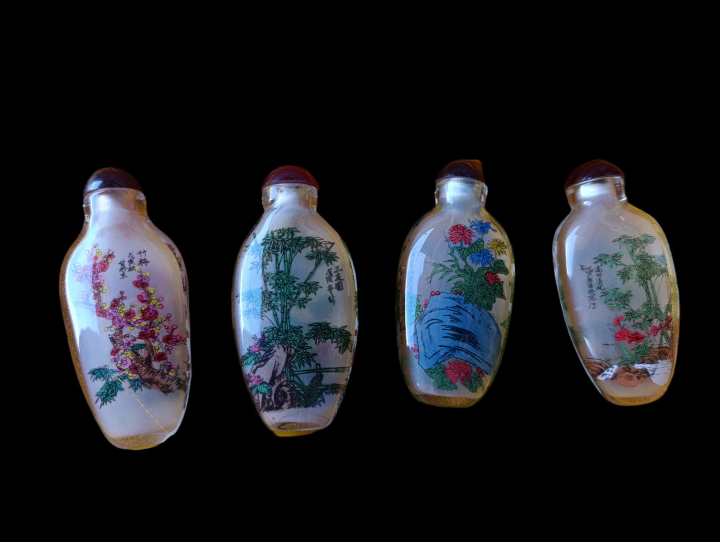 Set de 4 Botellas Chinas de Rapé con Pintura Invertida | Con Estuche Decorativo