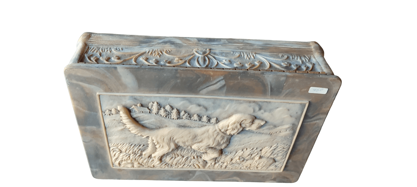 La Caja de Joyería de Piedra GENUINA INCOLAY Vintage con Diseño de Perro Pointer Retriever - Antiques Bazaar Ensenada