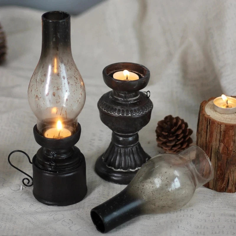 Antique Candlestick Resin Candle Accessory Glass Cover Lantern Candelabra Retro Kerosene Lamp Nostalgic Candlesticks Home Decor - Antiques Bazaar Ensenada