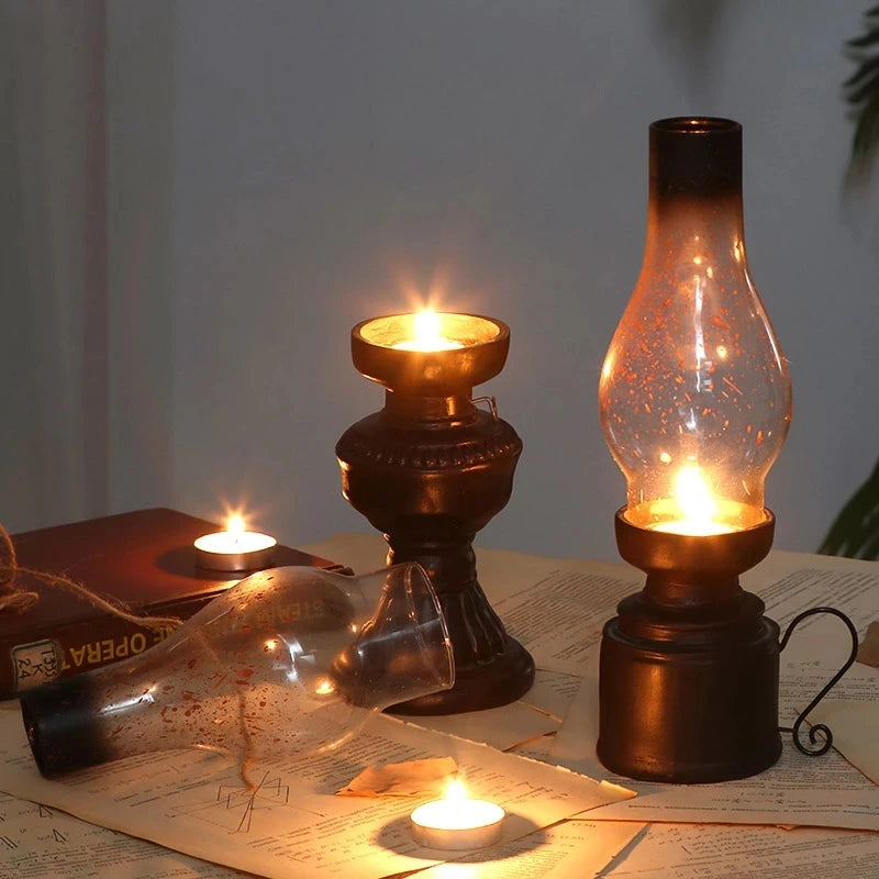 Antique Candlestick Resin Candle Accessory Glass Cover Lantern Candelabra Retro Kerosene Lamp Nostalgic Candlesticks Home Decor - Antiques Bazaar Ensenada