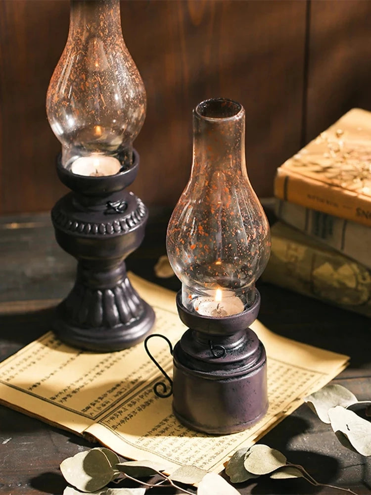 Antique Candlestick Resin Candle Accessory Glass Cover Lantern Candelabra Retro Kerosene Lamp Nostalgic Candlesticks Home Decor - Antiques Bazaar Ensenada
