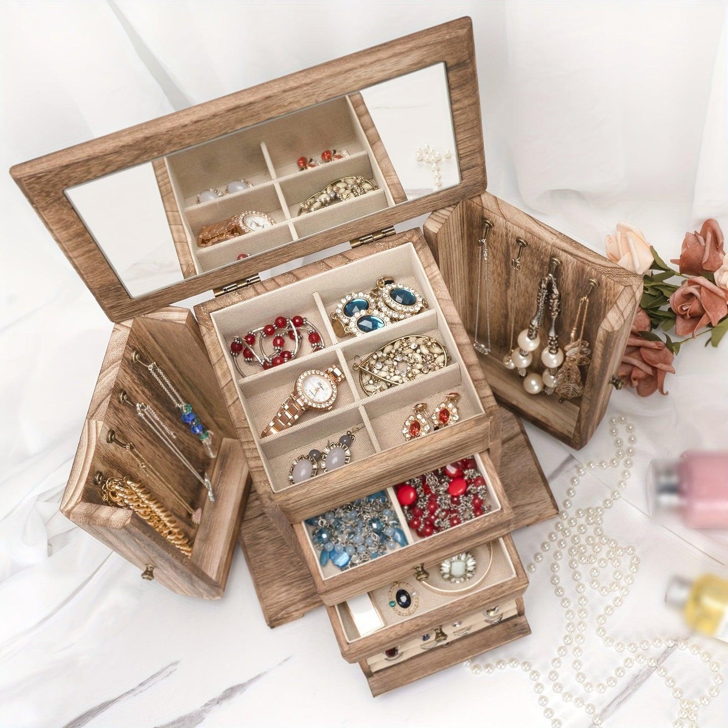 1pc Caja de joyería para mujeres, cajas y organizadores de joyería de madera rústica con espejo, caja organizadora de joyería de 4 capas para anillos, pendientes, collares y pulseras - Antiques Bazaar Ensenada