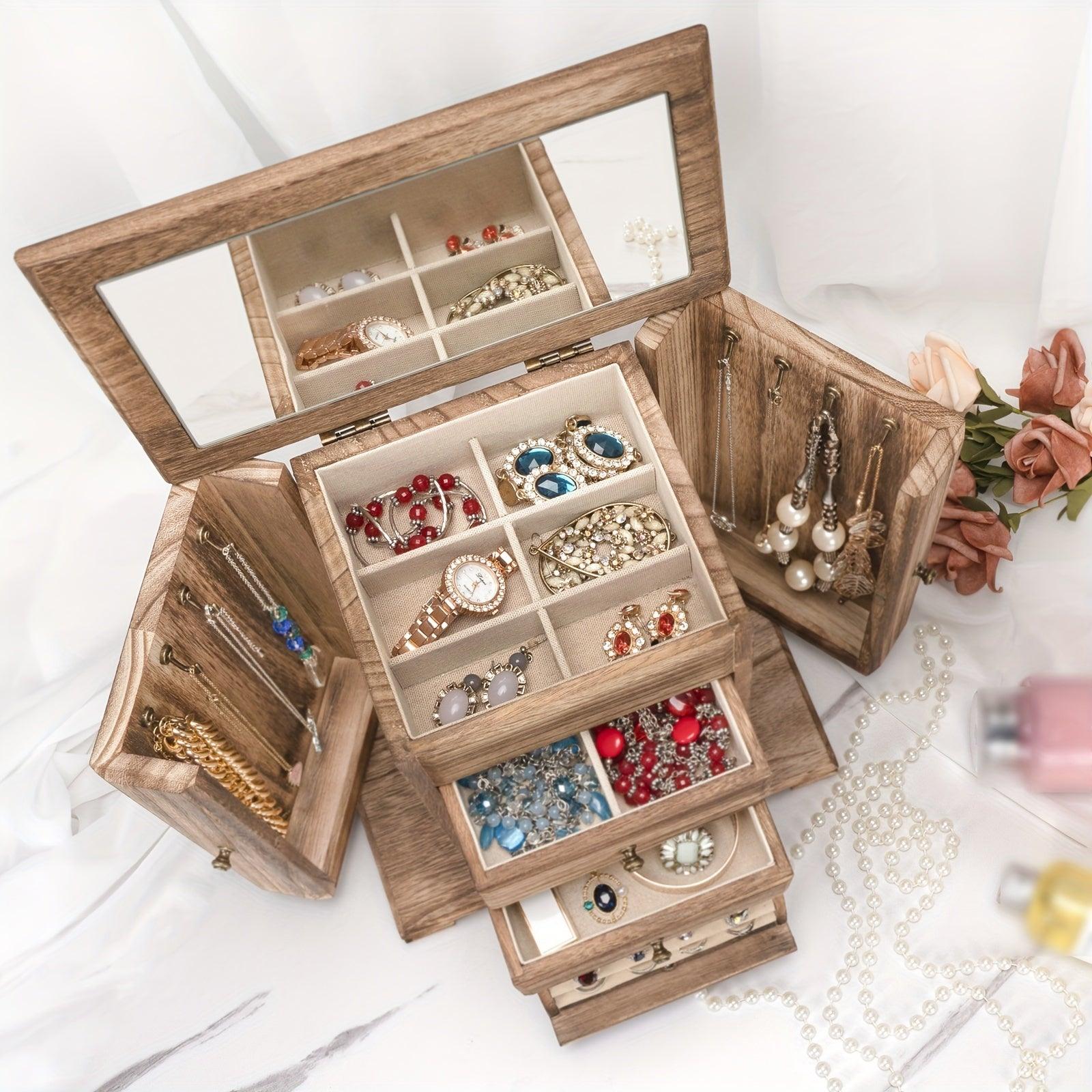 1pc Caja de joyería para mujeres, cajas y organizadores de joyería de madera rústica con espejo, caja organizadora de joyería de 4 capas para anillos, pendientes, collares y pulseras - Antiques Bazaar Ensenada