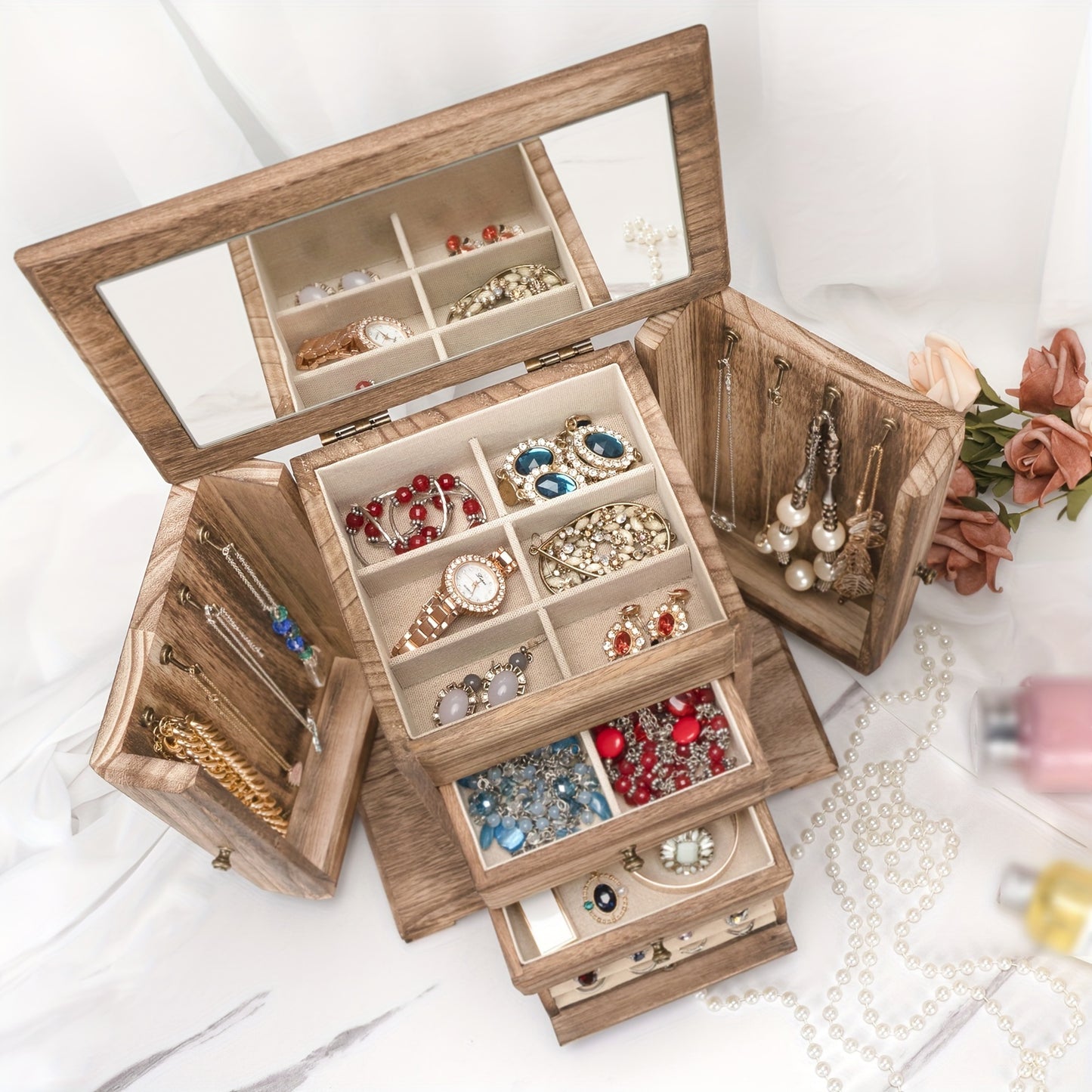 1pc Caja de joyería para mujeres, cajas y organizadores de joyería de madera rústica con espejo, caja organizadora de joyería de 4 capas para anillos, pendientes, collares y pulseras - Antiques Bazaar Ensenada