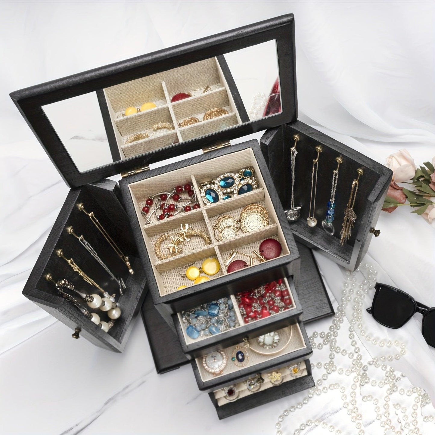 1pc Caja de joyería para mujeres, cajas y organizadores de joyería de madera rústica con espejo, caja organizadora de joyería de 4 capas para anillos, pendientes, collares y pulseras - Antiques Bazaar Ensenada