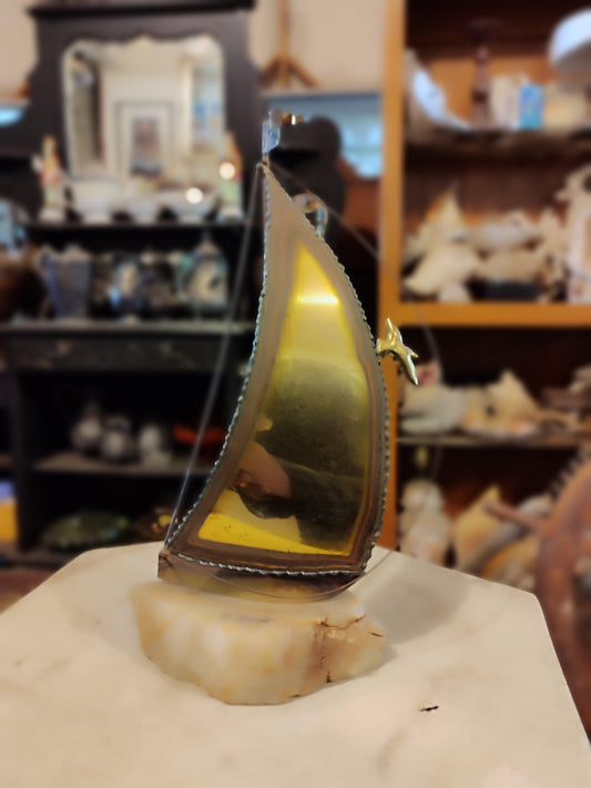DeMott Sailboat Sculpture Nautical Metal Art Brass Copper Onyx Signed 1970's - Antiques Bazaar Ensenada