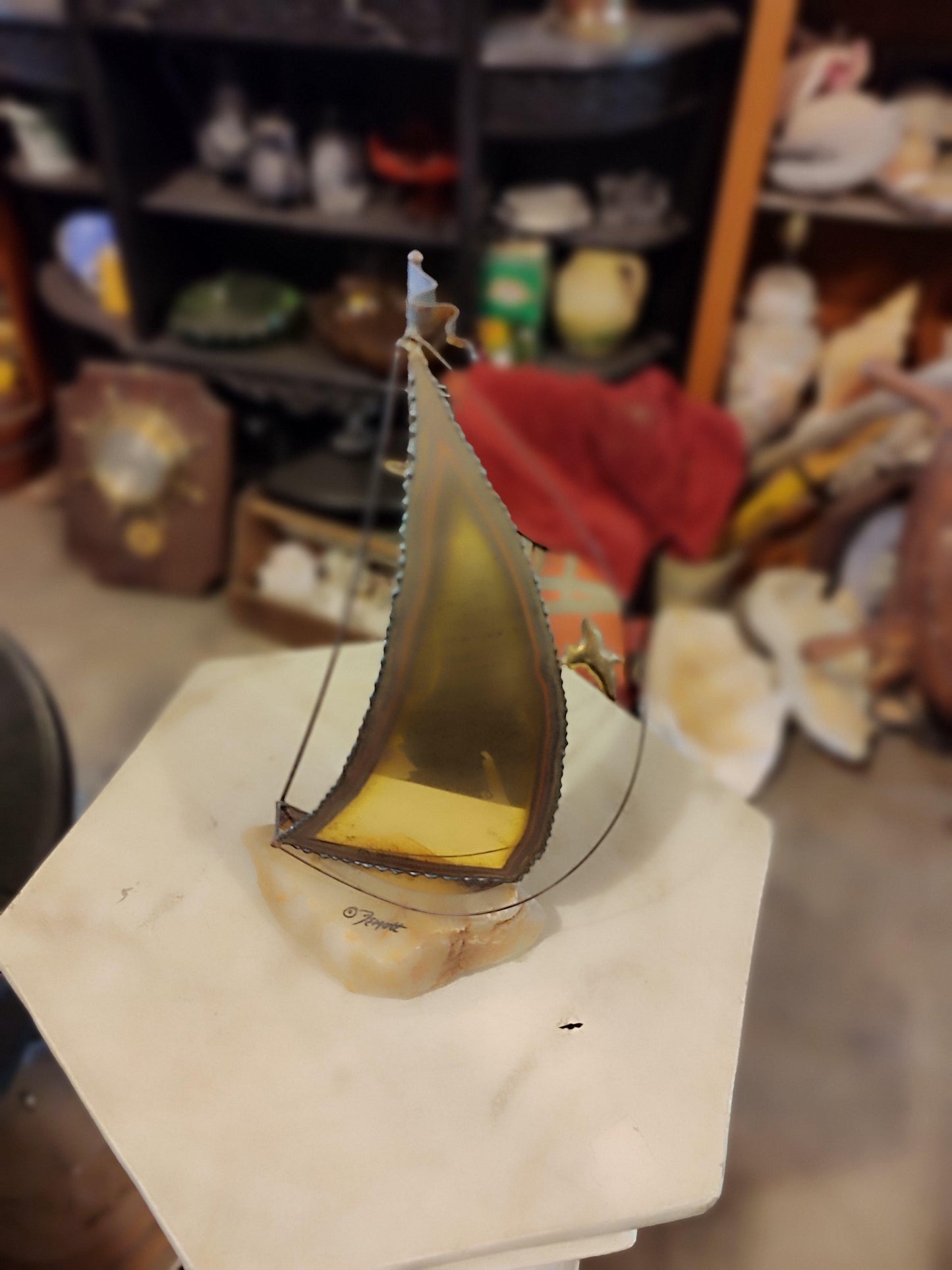 DeMott Sailboat Sculpture Nautical Metal Art Brass Copper Onyx Signed 1970's - Antiques Bazaar Ensenada