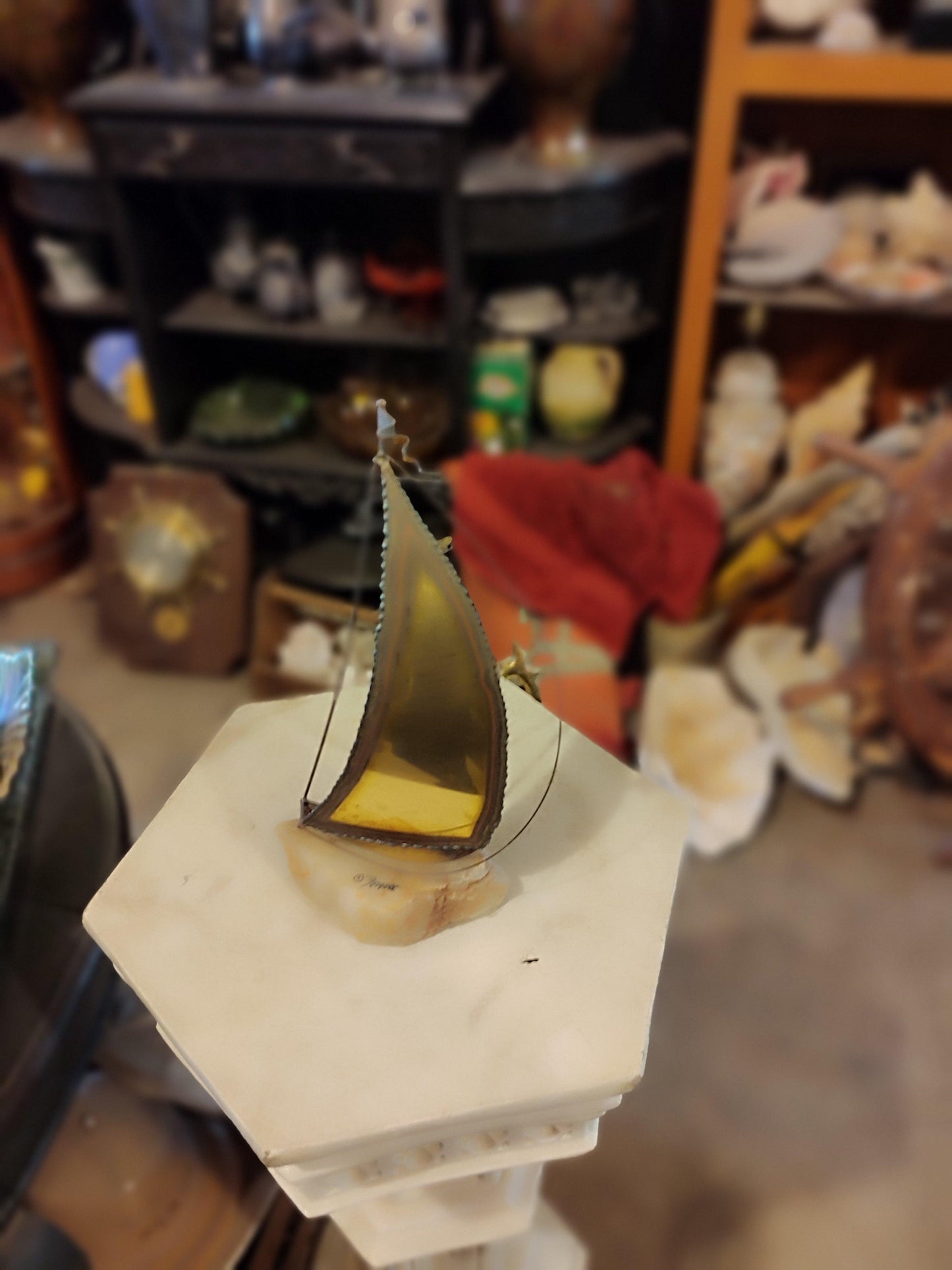 DeMott Sailboat Sculpture Nautical Metal Art Brass Copper Onyx Signed 1970's - Antiques Bazaar Ensenada