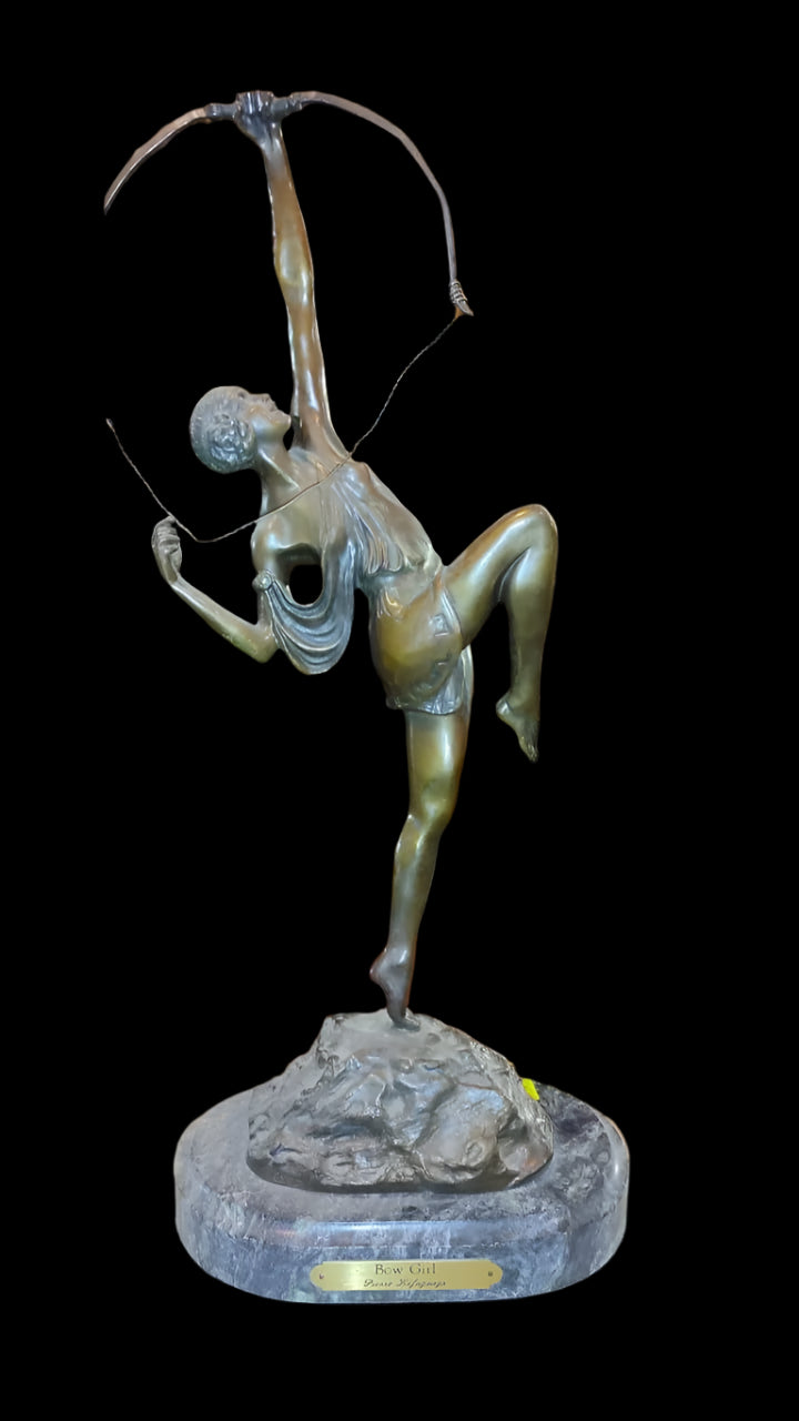 Pierre le faguays bow girl sculpture french bronze art deco diana huntress 18.5 - Antiques Bazaar Ensenada