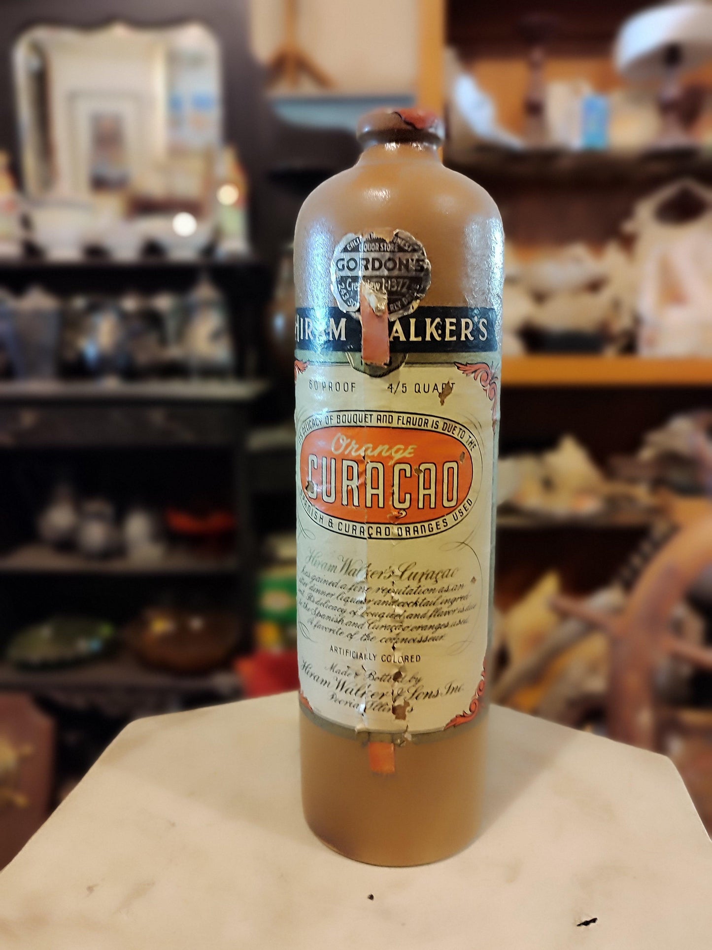 Vtg Hiram Walker's Orange Curaçao Stoneware Bottle - Antiques Bazaar Ensenada