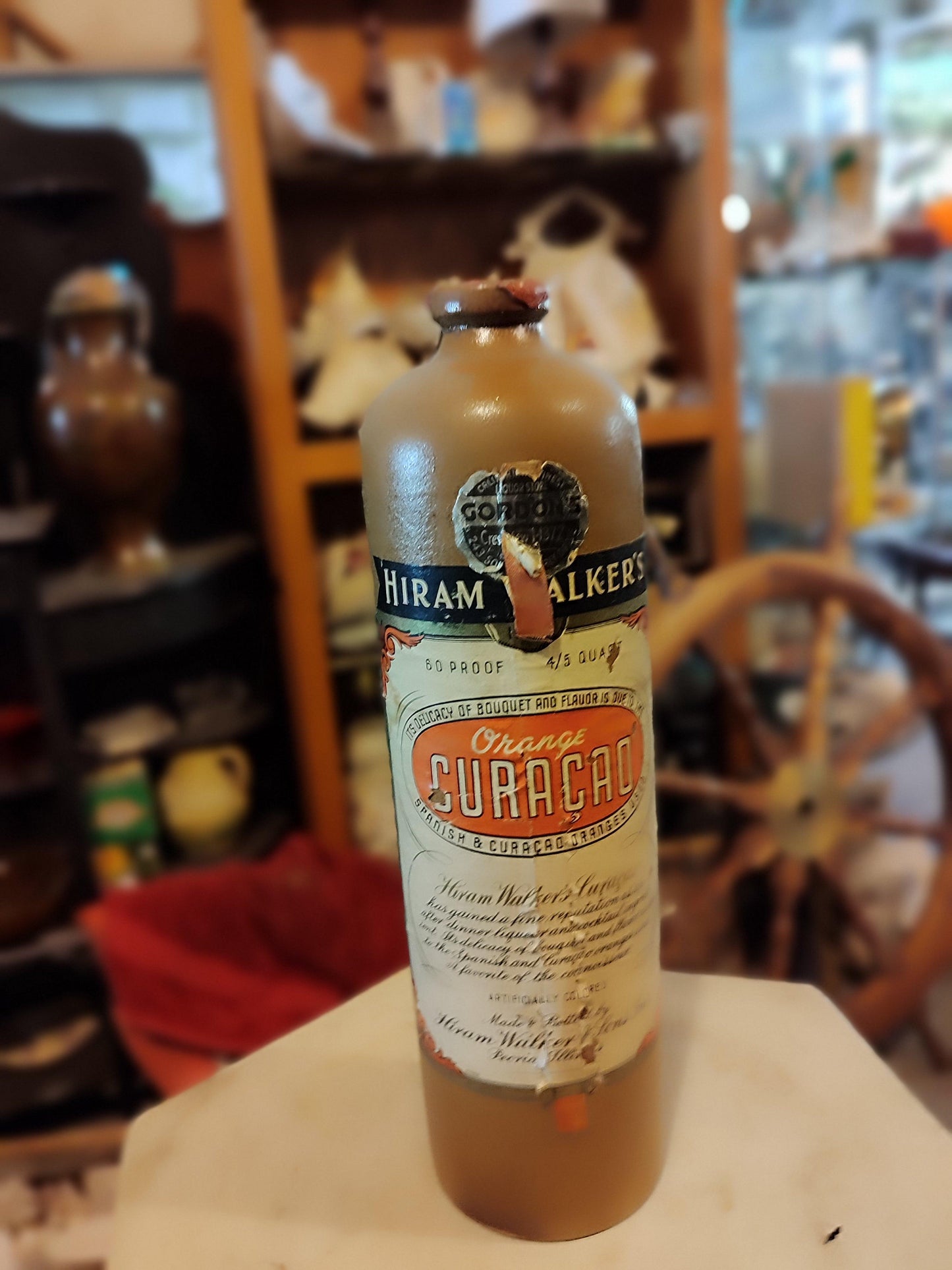 Vtg Hiram Walker's Orange Curaçao Stoneware Bottle - Antiques Bazaar Ensenada