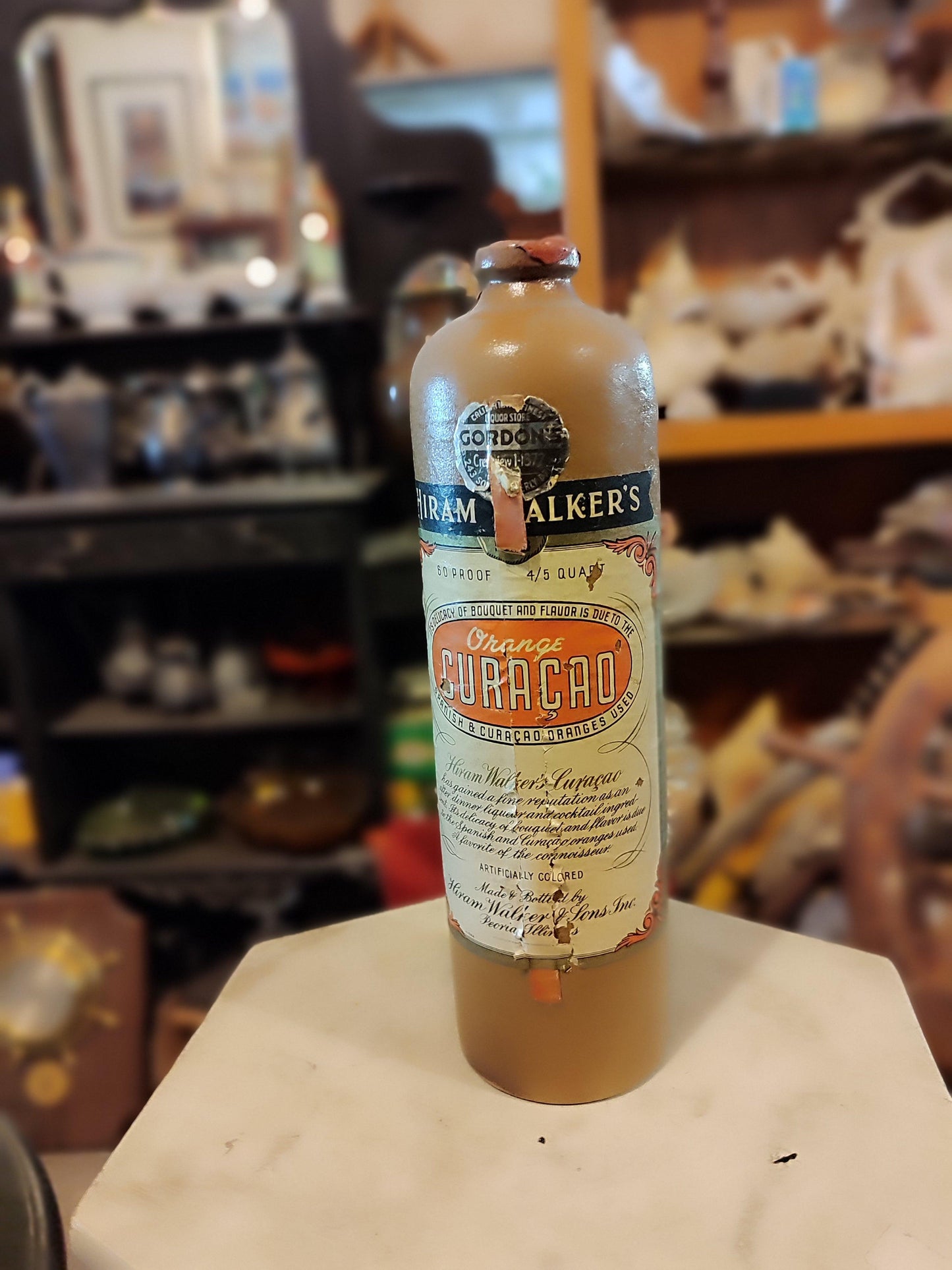 Vtg Hiram Walker's Orange Curaçao Stoneware Bottle - Antiques Bazaar Ensenada
