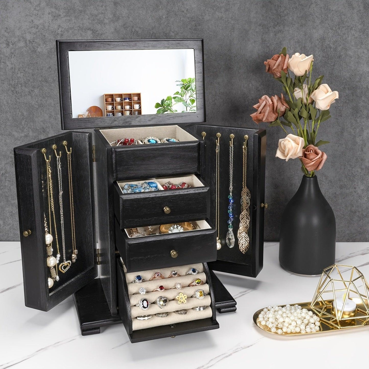 1pc Caja de joyería para mujeres, cajas y organizadores de joyería de madera rústica con espejo, caja organizadora de joyería de 4 capas para anillos, pendientes, collares y pulseras - Antiques Bazaar Ensenada