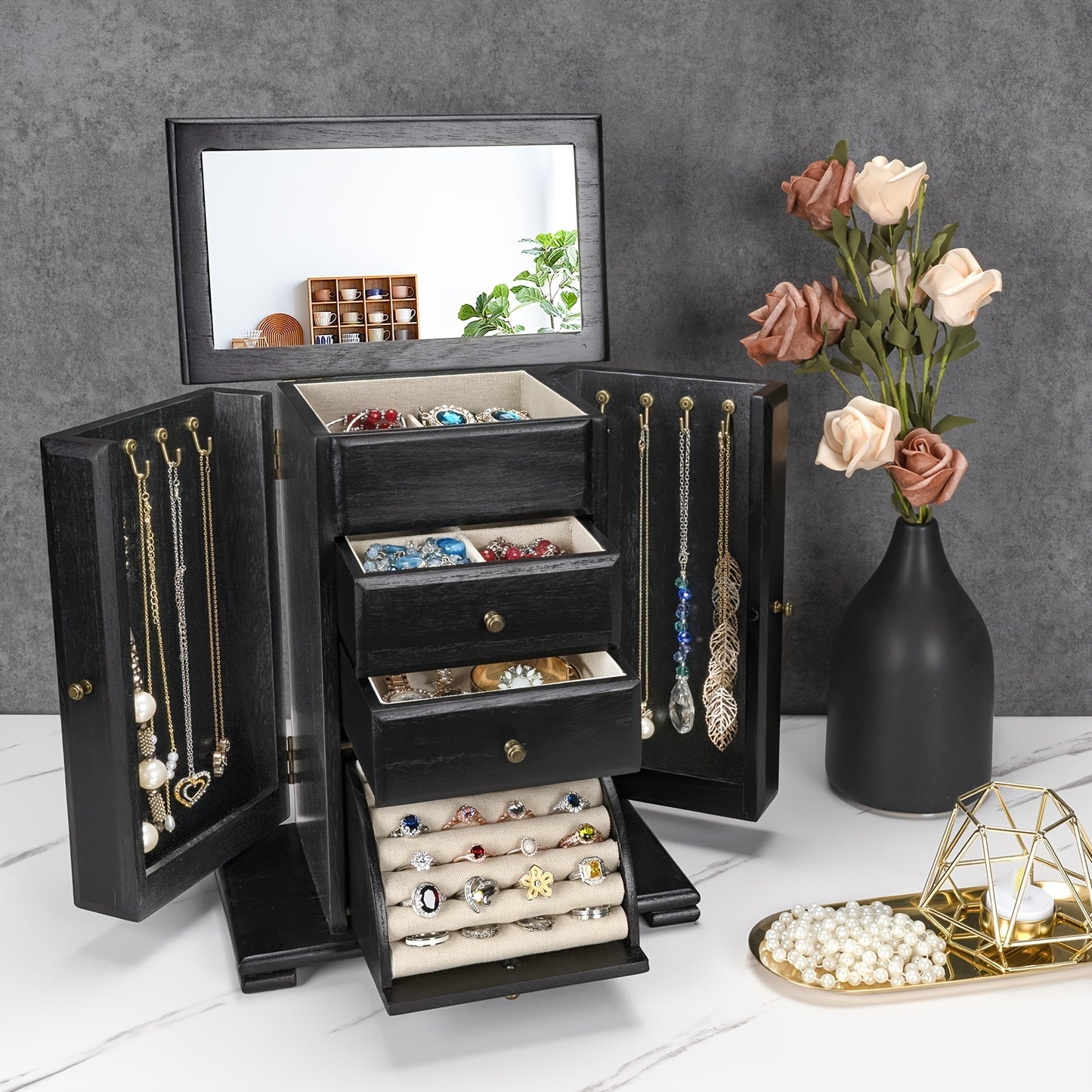 1pc Caja de joyería para mujeres, cajas y organizadores de joyería de madera rústica con espejo, caja organizadora de joyería de 4 capas para anillos, pendientes, collares y pulseras - Antiques Bazaar Ensenada