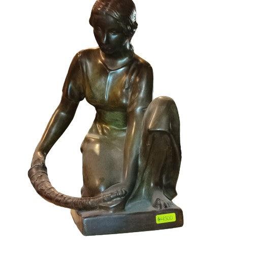 Woman with Horn Bronze Sculpture. - Antiques Bazaar Ensenada