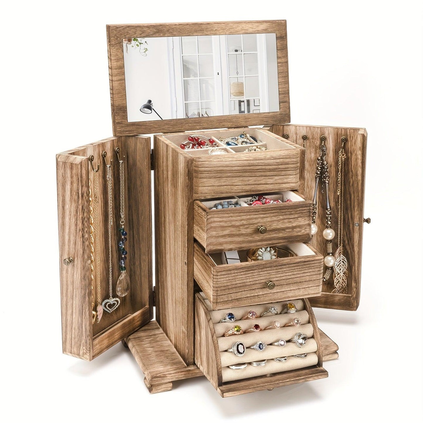 1pc Caja de joyería para mujeres, cajas y organizadores de joyería de madera rústica con espejo, caja organizadora de joyería de 4 capas para anillos, pendientes, collares y pulseras - Antiques Bazaar Ensenada