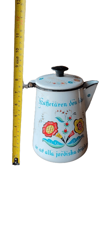 cafetera vintage Berggren Enamel con diseño floral escandinavo