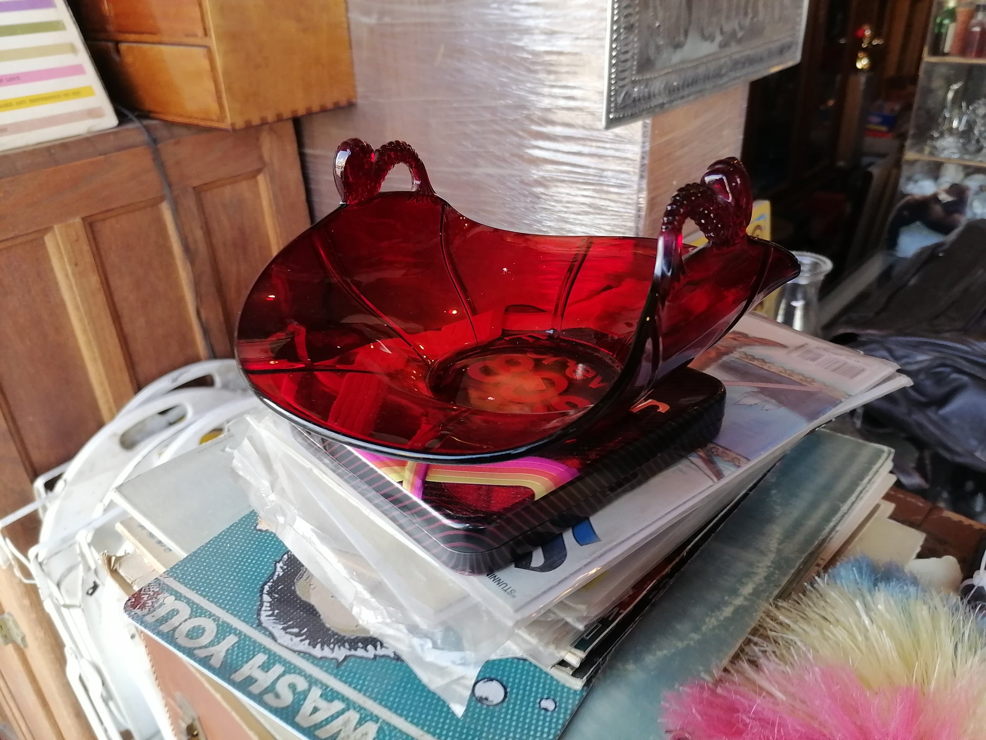 Cesta con Asa Decagon Ruby – Cambridge Glass - Antiques Bazaar Ensenada