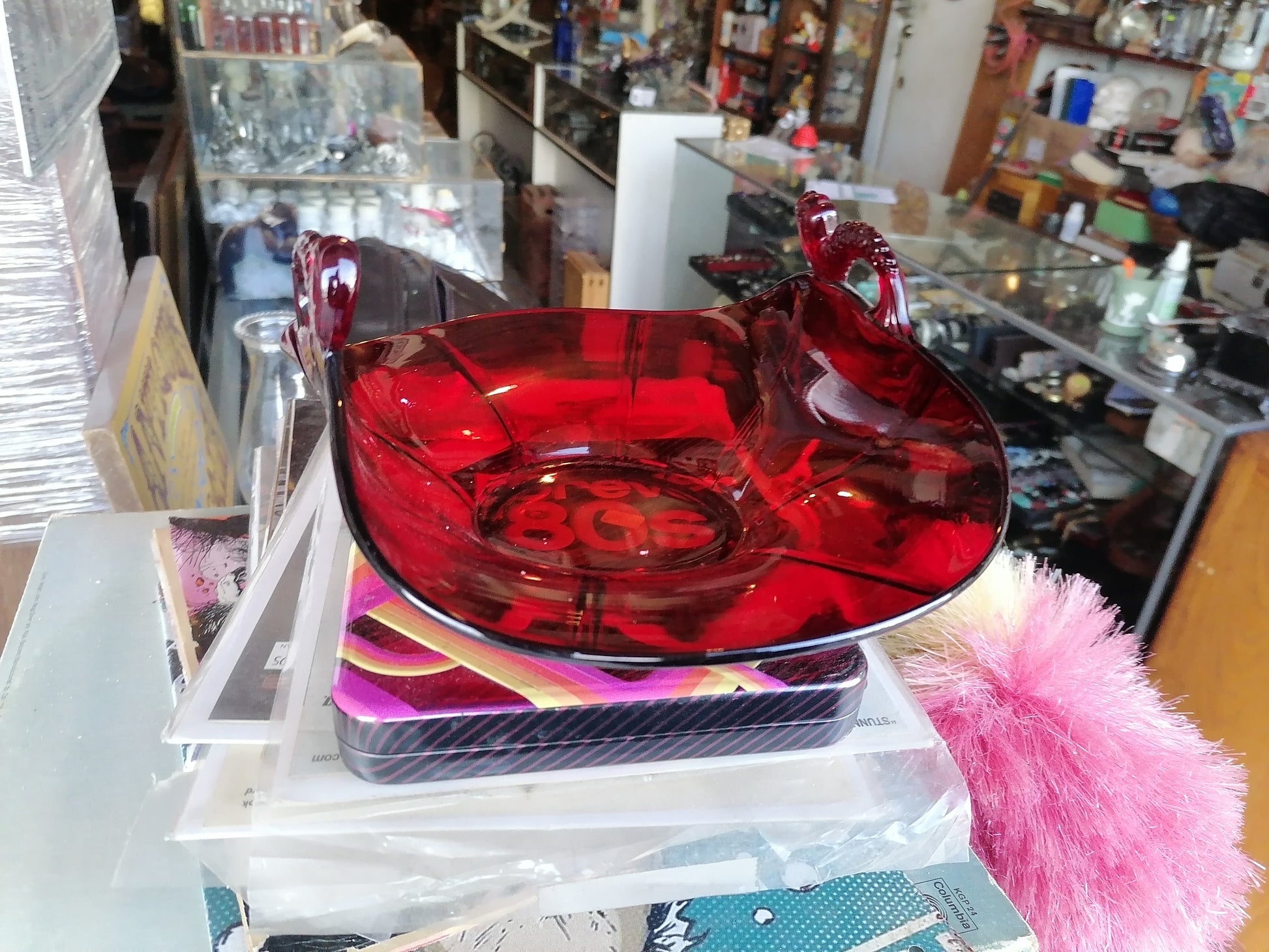 Cesta con Asa Decagon Ruby – Cambridge Glass - Antiques Bazaar Ensenada