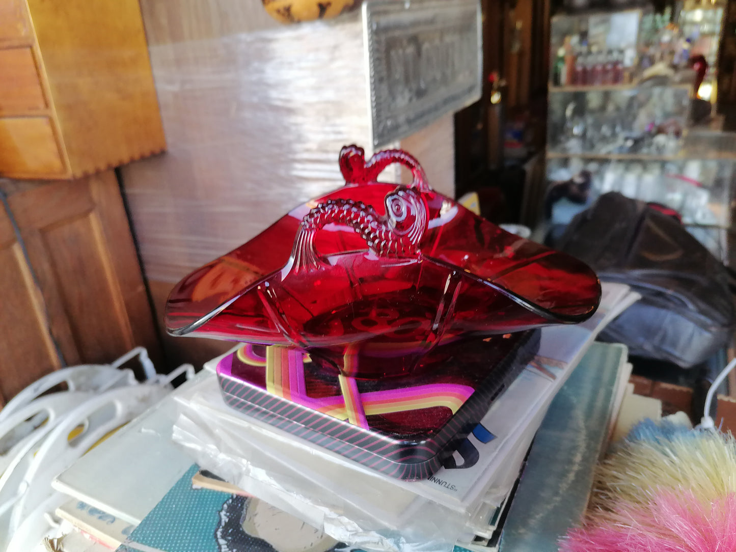 Cesta con Asa Decagon Ruby – Cambridge Glass - Antiques Bazaar Ensenada