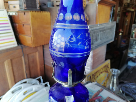 Lámpara/Jarrón de Cristal Azul Cobalto con Grabados - Antiques Bazaar Ensenada