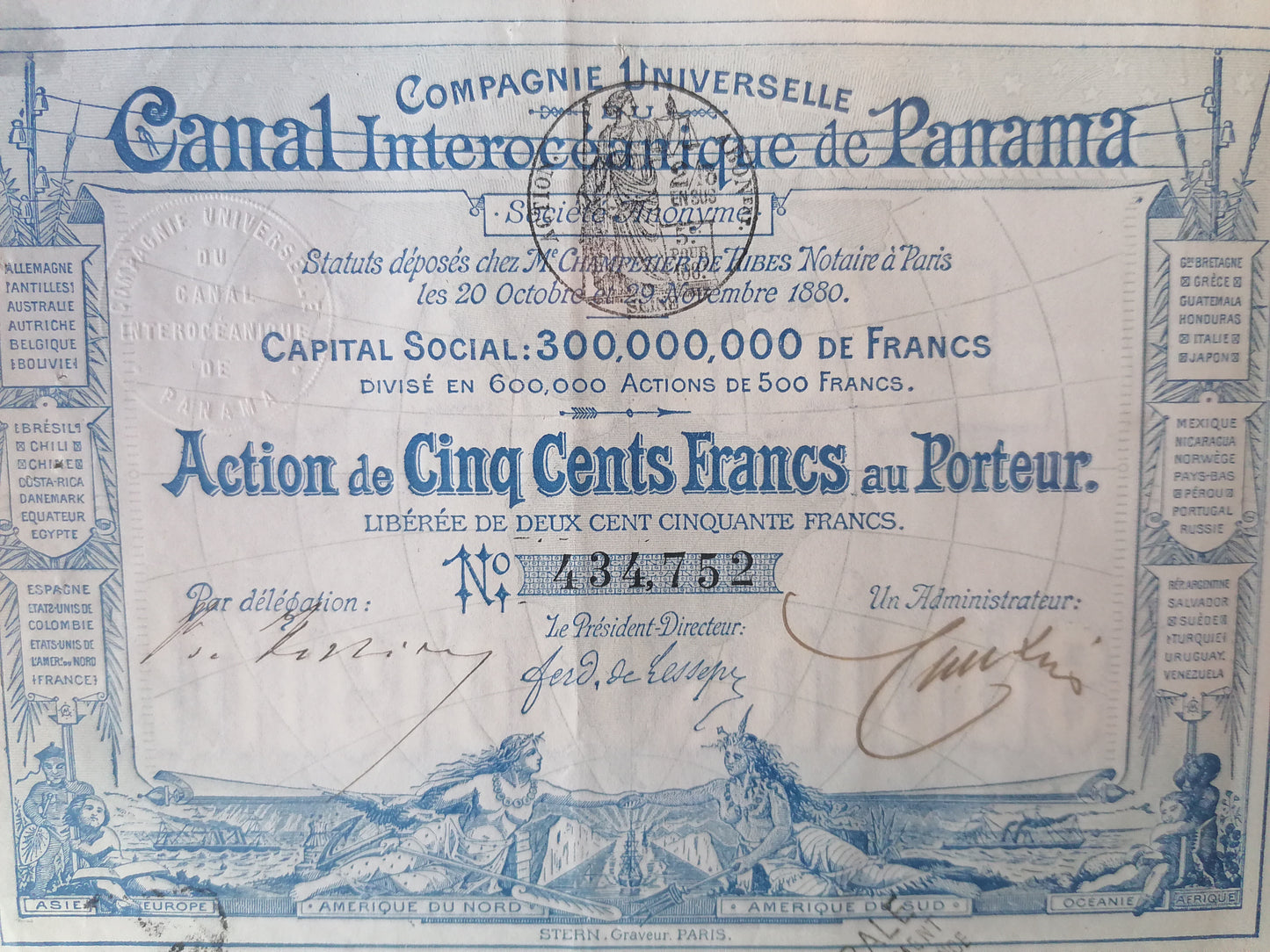 Acción vintage de la Compagnie Universelle du Canal Interocéanique de Panama