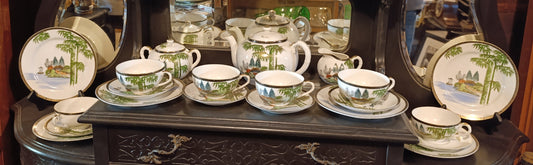 Juego de Té Japonés Vintage Pintado a Mano | Escena Costera | Completo con 6 Tazas y Más