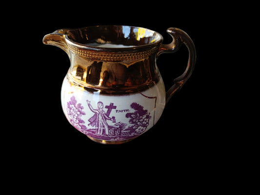 Jarra Antigua Inglesa Sunderland Lustreware Rosa Cobre | “Hope and Faith” | Década de 1830