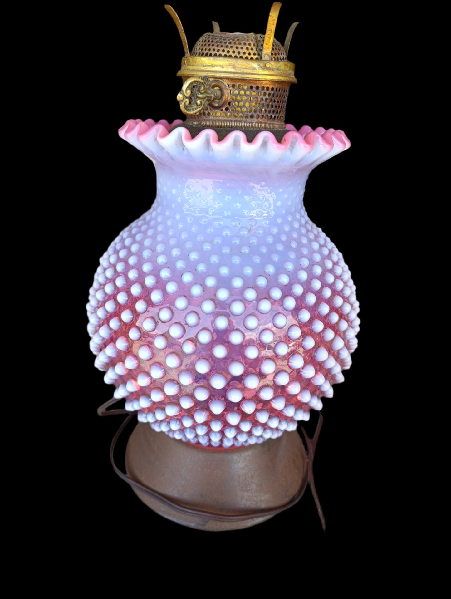 Lámpara de Mesa Vintage Fenton | Cristal Rosa Cranberry Opalescent Hobnail con Base de Latón | Eléctrica