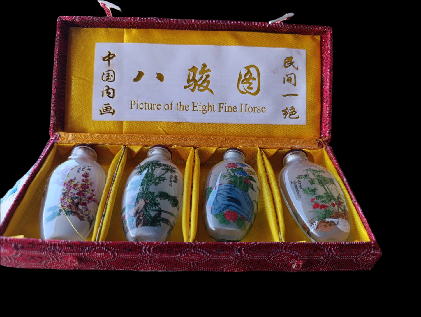 Set de 4 Botellas Chinas de Rapé con Pintura Invertida | Con Estuche Decorativo